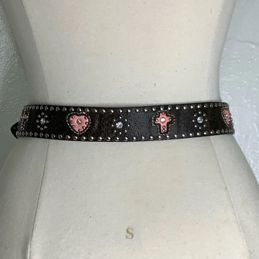 Nocona Pink Hearts Crosses studs Crystals Leather Western Belt Size 24 EUC